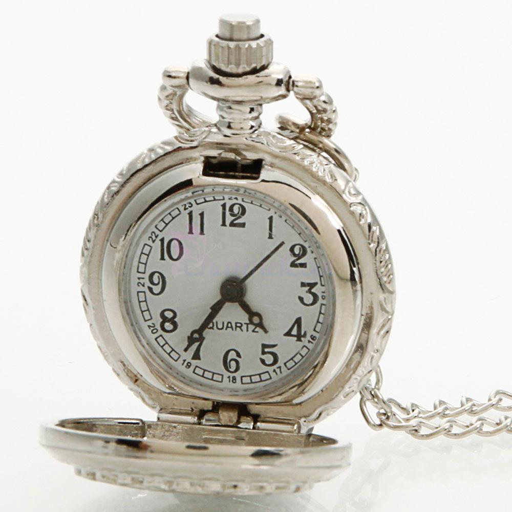 Antique Vintage Silver Women Pocket Chain Quartz Pendant Watch Necklace